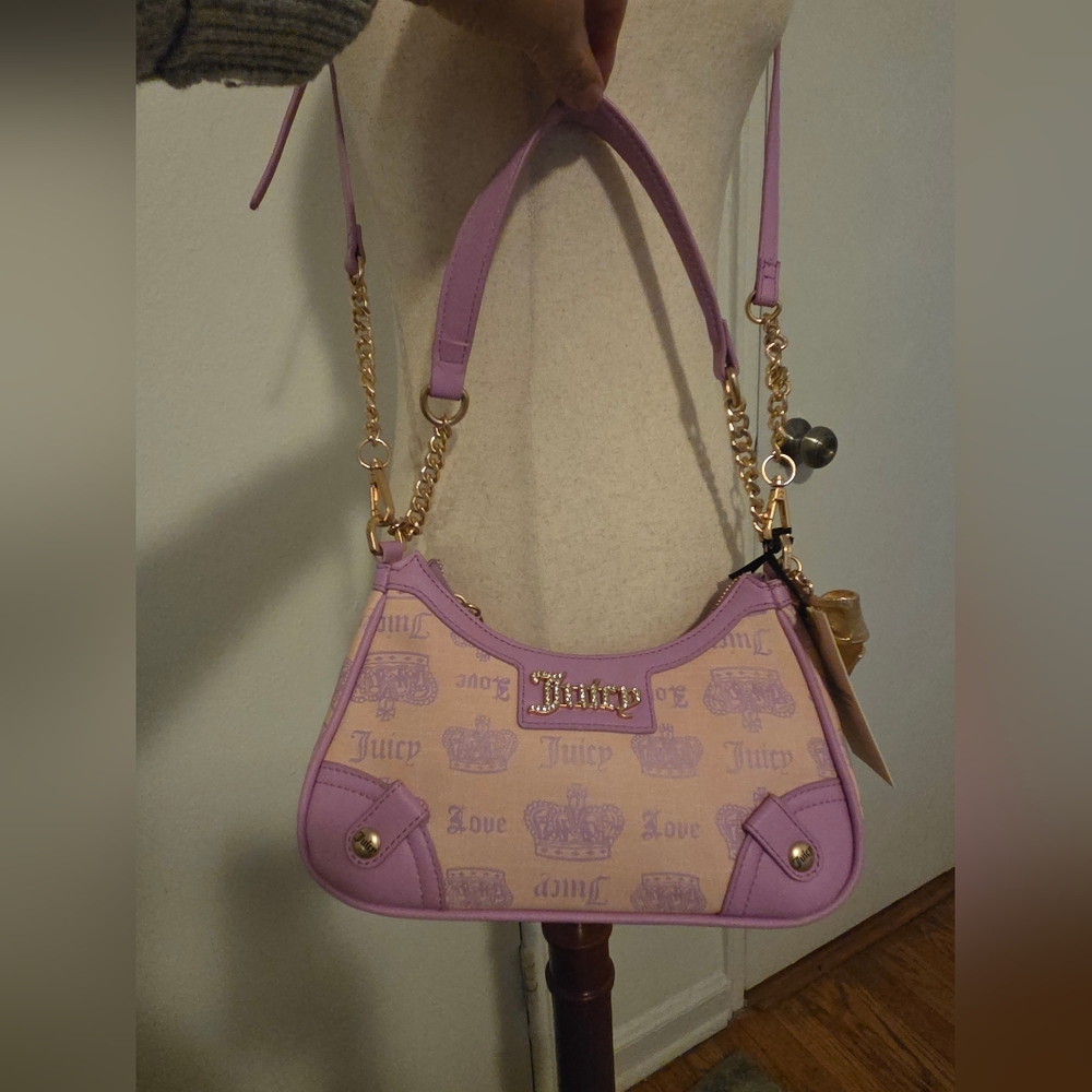 Juicy Couture Lavender and Cream Logo Mini Shoulder Bag with Gold Chain